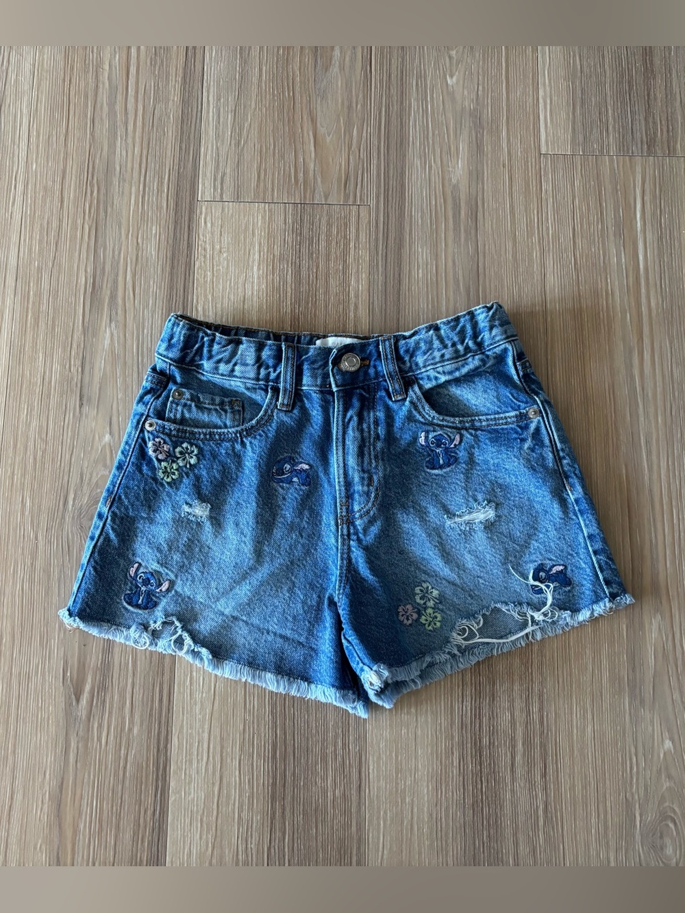 ZARA Disney Lilo Stitch Denim Jean Shorts Cotton Cut Off Embroidered Girls 9-10